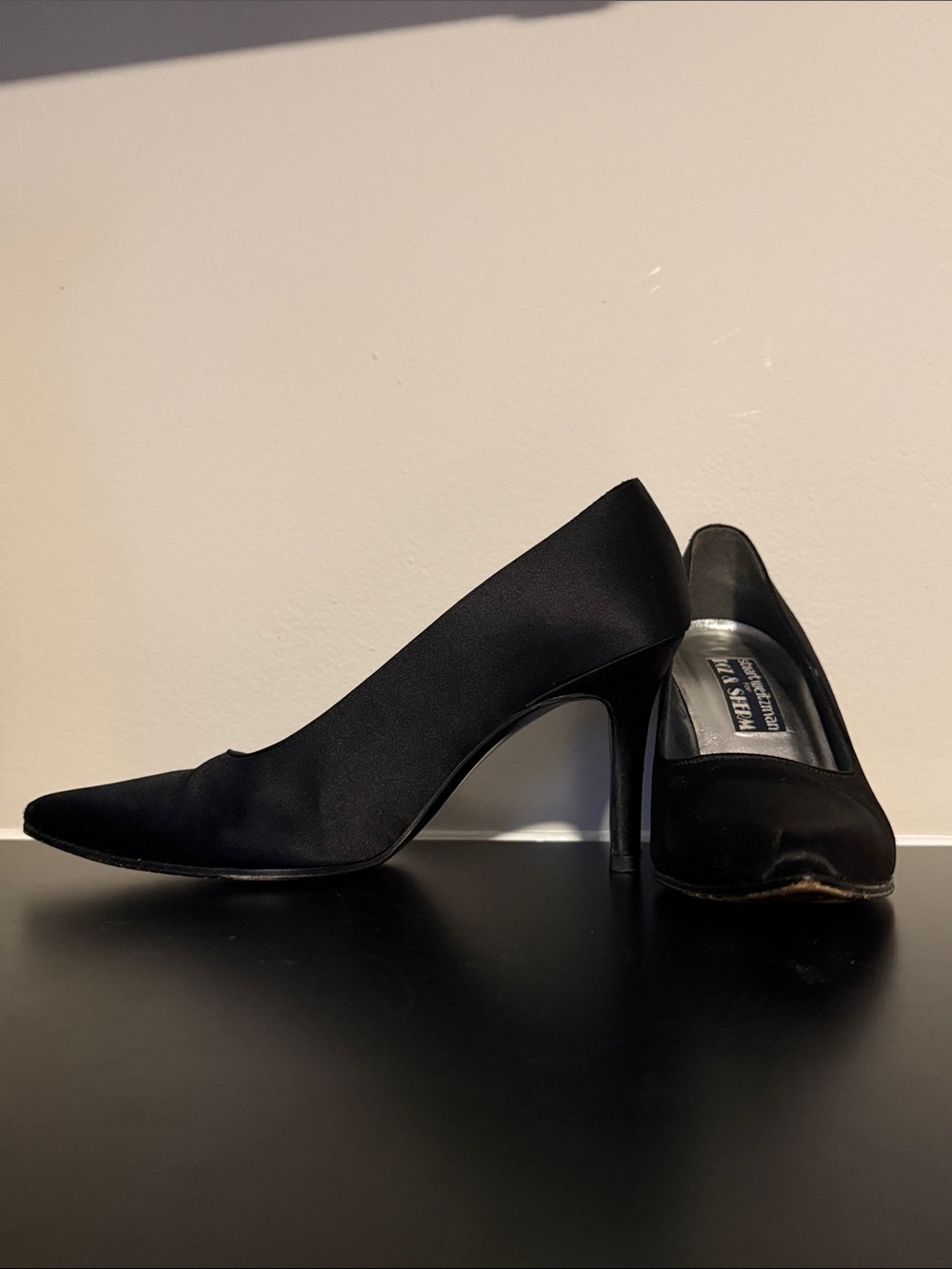 Vintage Stuart Weitzman Black Pointed-Toe Satin Stiletto Pumps